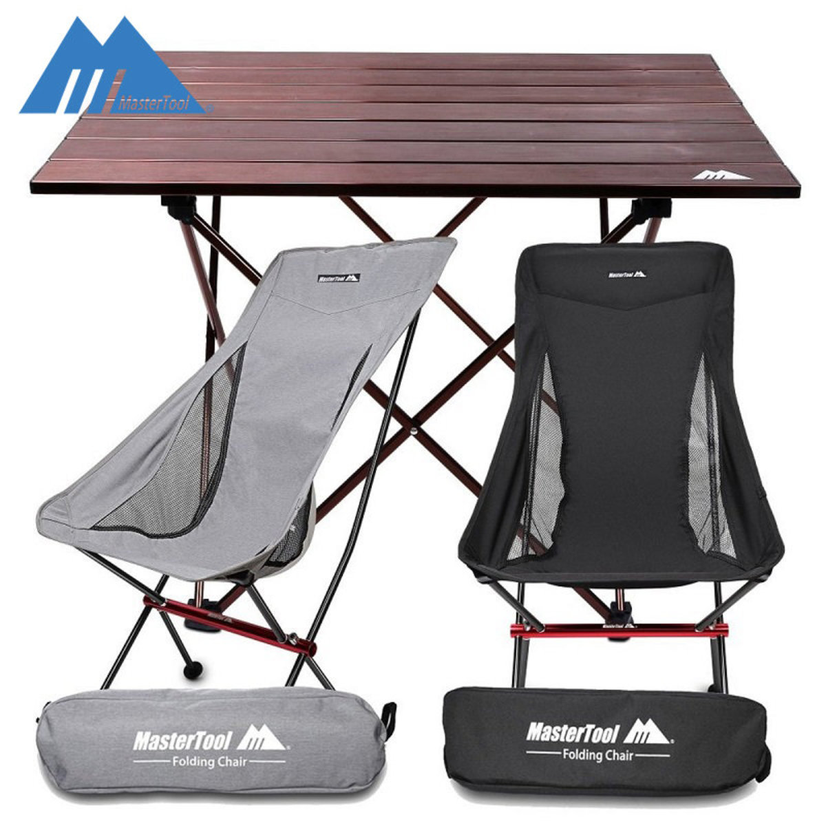 MasterTool - Aluminium Camping Foldable Hard Top Table & Chairs Set（Black Chair*1+Gray Chair*1+Table*1)