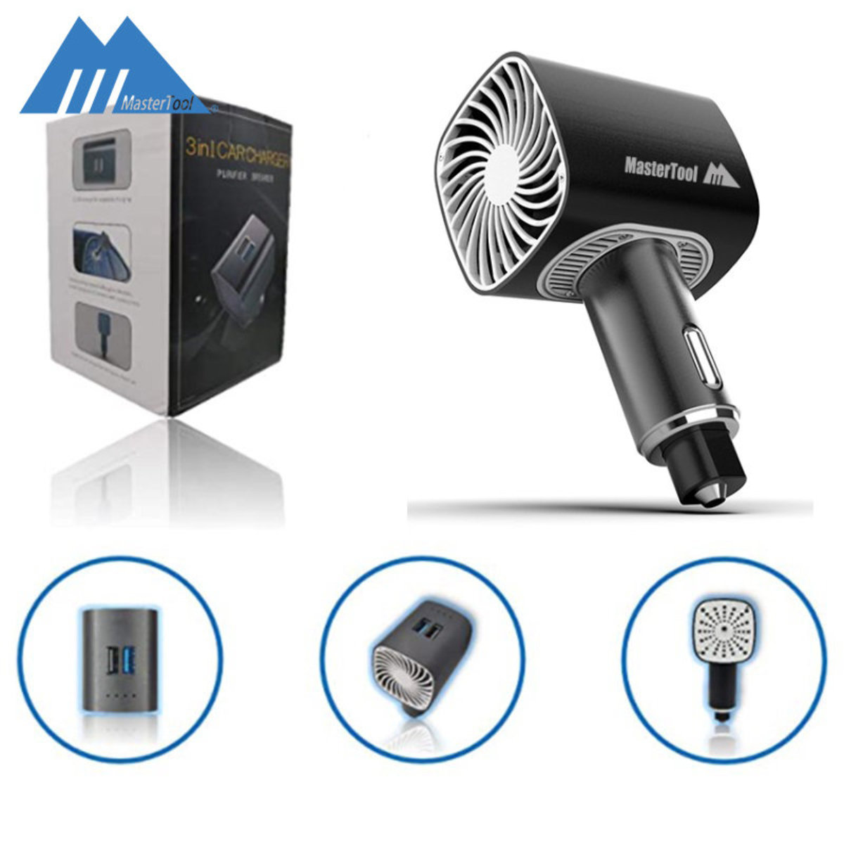 MasterTool - Car Charger，3 in 1 ionizer Air Purifier with Fan, Window Breaker, with USB QC 3.0 Fast Charging