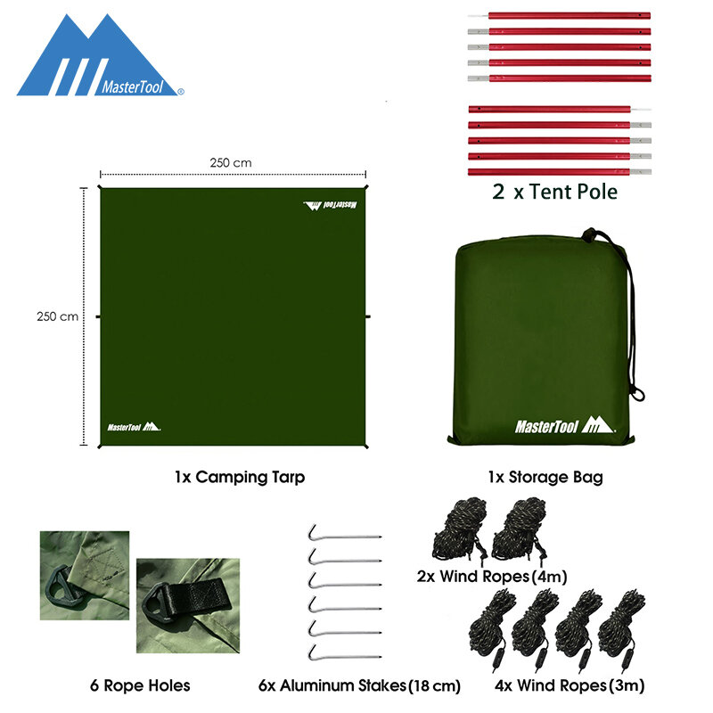 MasterTool - 2.5x2.5m Tent Tarp,Canopy-military green +2pcs tent pole, with shading and waterproof functions
