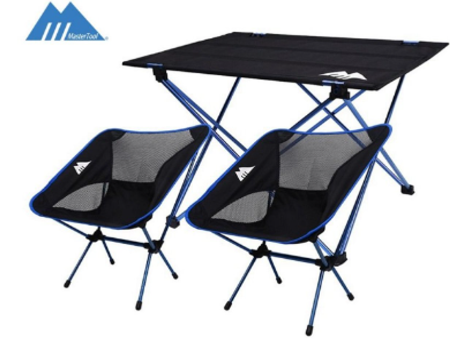 MasterTool - 戶外露營折疊桌椅套裝，野餐，釣魚桌椅，藍色（椅子*2+桌子*1）